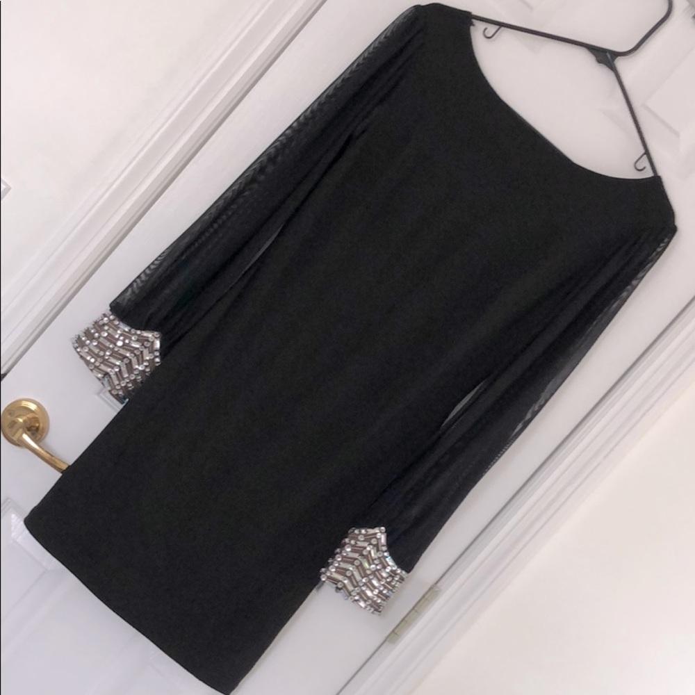 Black, open back, fitted party dress
